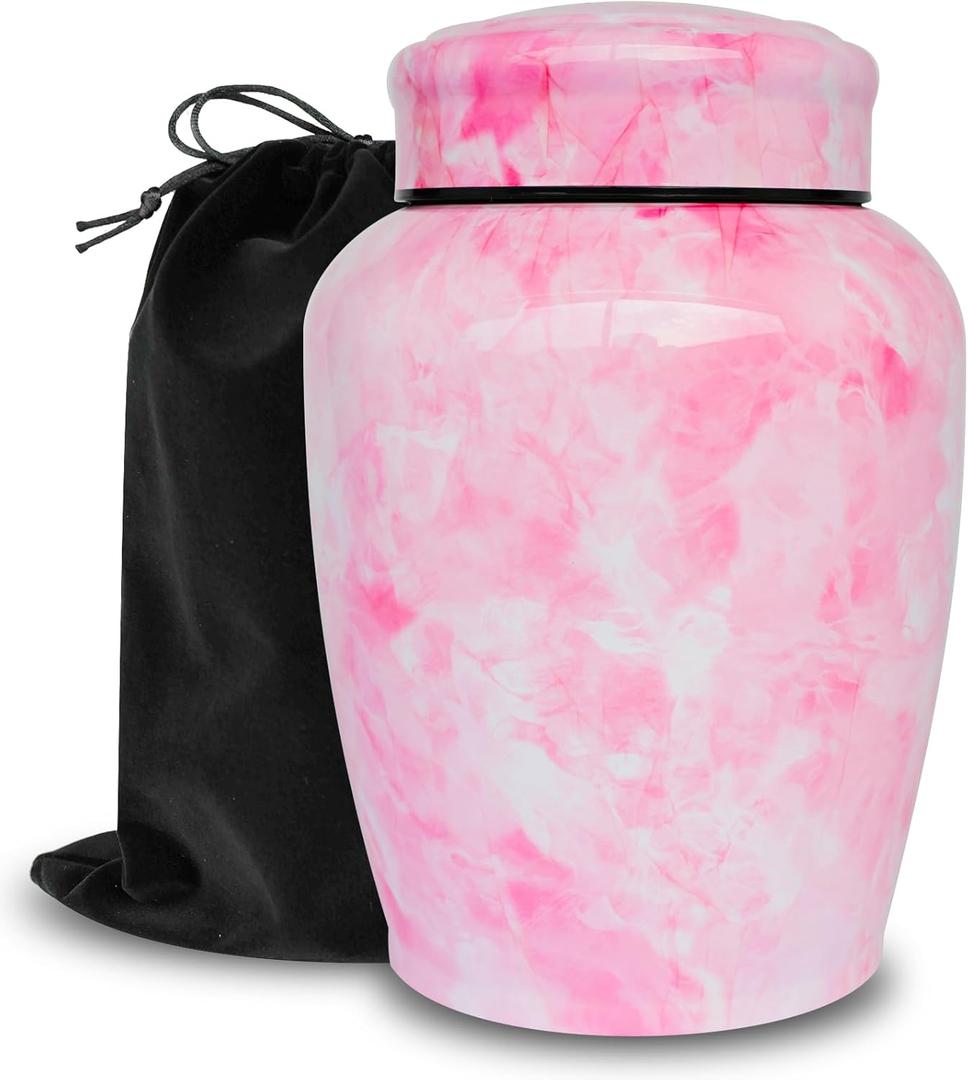 Pink Flower Marble Finish Decorative Urns for Human Ashes Adult Female up to 180 lbs, Stainless Steel Cremation Urn for Ashes for Women Mom Mother (Pink, Large, Memorial Love)