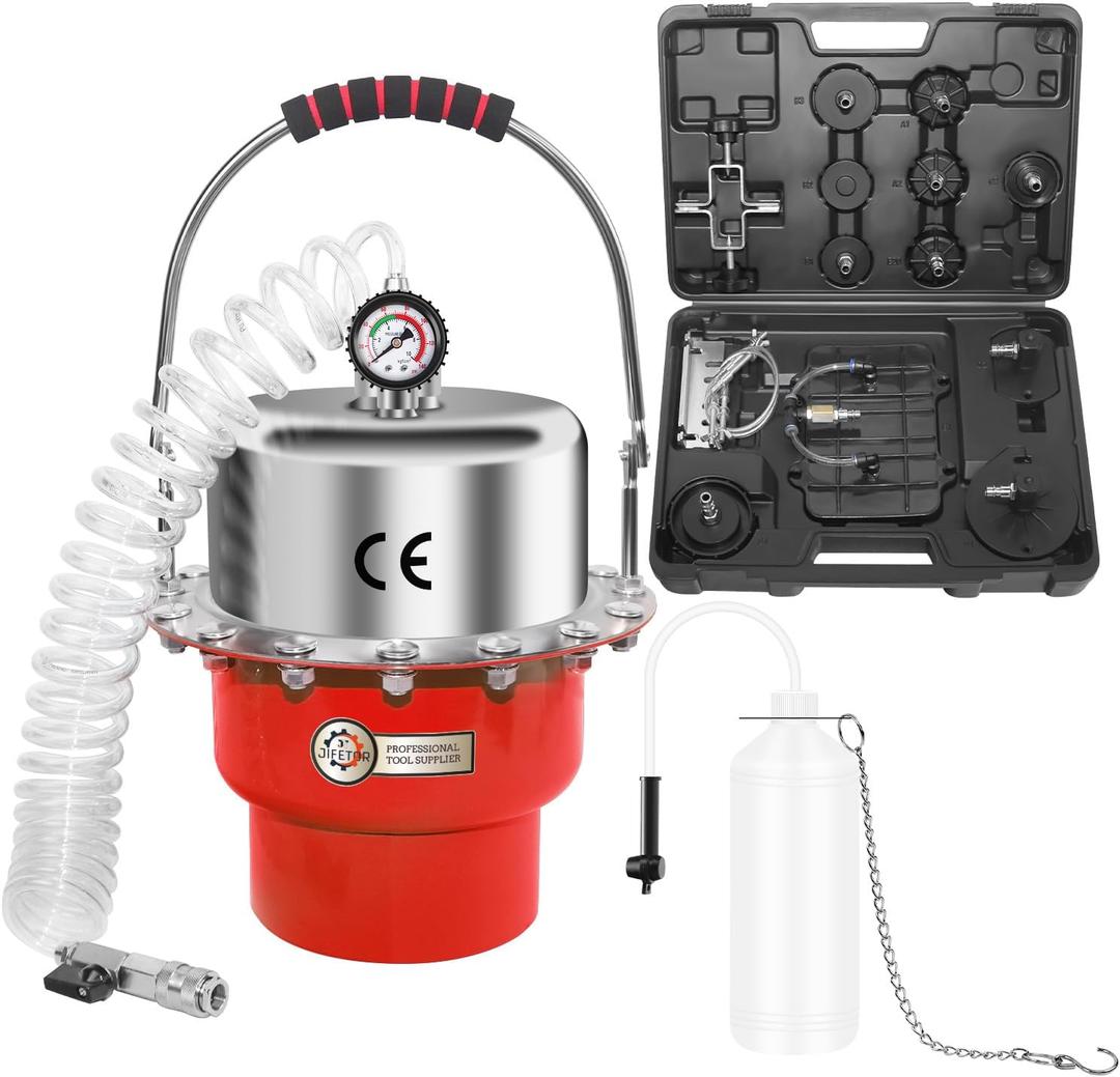 JIFETOR 5L Pneumatic Brake Pressure Bleeder Kit, Air Power Pressurized Master Cylinder Clutch Fluid Bleeding Tool Set with Bleed Machine, Collection Bottle and Adapters, Red Cylinder