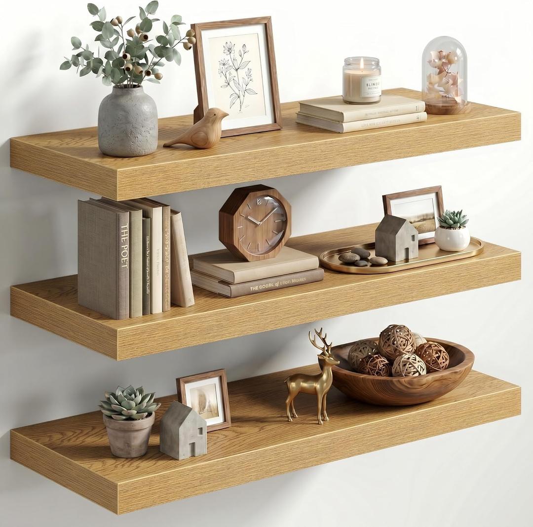 Fun Memories 30 Inch Floating Shelves for Wall, 12" Deep Large Wall Mounted Wood Shelves with Invisible Bracket, Rustic Oak Floating Shelf for Bathroom Over Toilet Kitchen Living Room, Set of 3