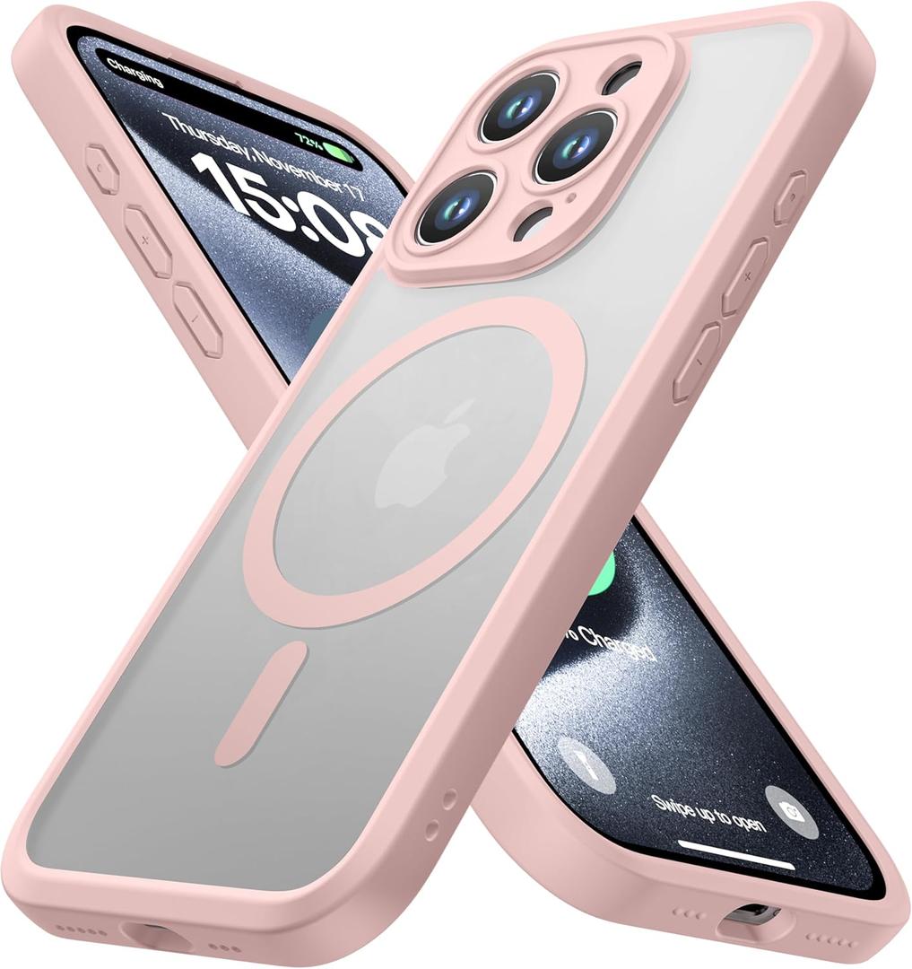 ImpactStrong Magnetic Guard Designed for iPhone 15 Pro Case [Camera Protection] [Military Grade Drop Tested] [Compatible with MagSafe] Slim Translucent Matte Phone Case (6.1") - Pink