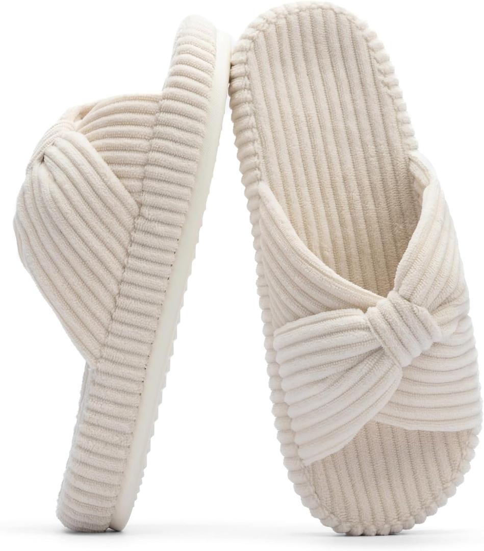 Chantomoo Slippers for Women Memory Foam House Bedroom Corduroy Bow Crossbands Slide Slipper Shoes Comfy Trendy Gift Slippers (9-10, Beige)