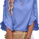 EVALESS 3/4 Length Sleeve Womens Tops Dressy Casual Blouses Crewneck Ruffle Sleeve Shirts Summer Outfits Business Work Tops SkyBlue Large