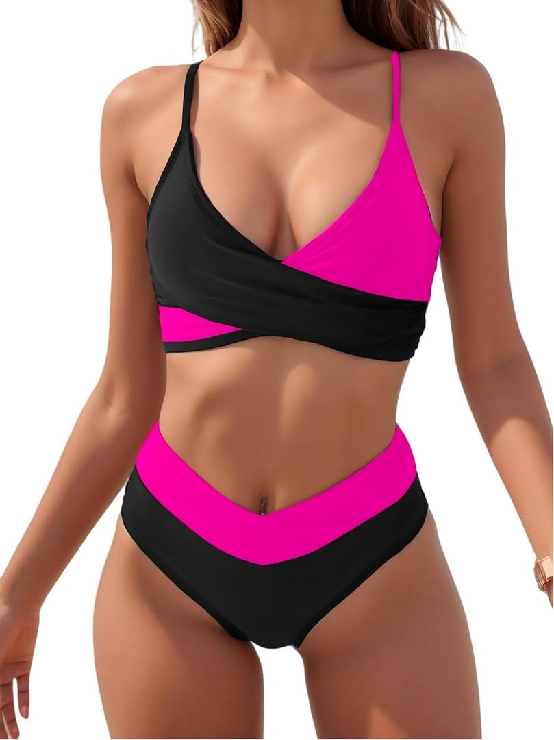 Tainehs Women's Bikini Sets Two Piece Swimsuit V Neck Twist Front V Cut Bottom Bathing Suit (Black&hot Pink) Small