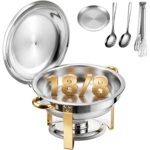 Chafing Dishes for Buffet with Lid & Lid Holder, 6QT Round Stainless Steel Chafing Dish Set, Heating and Cooling Buffet for Home Parties, Christmas Gatherings, Catering Events (1)