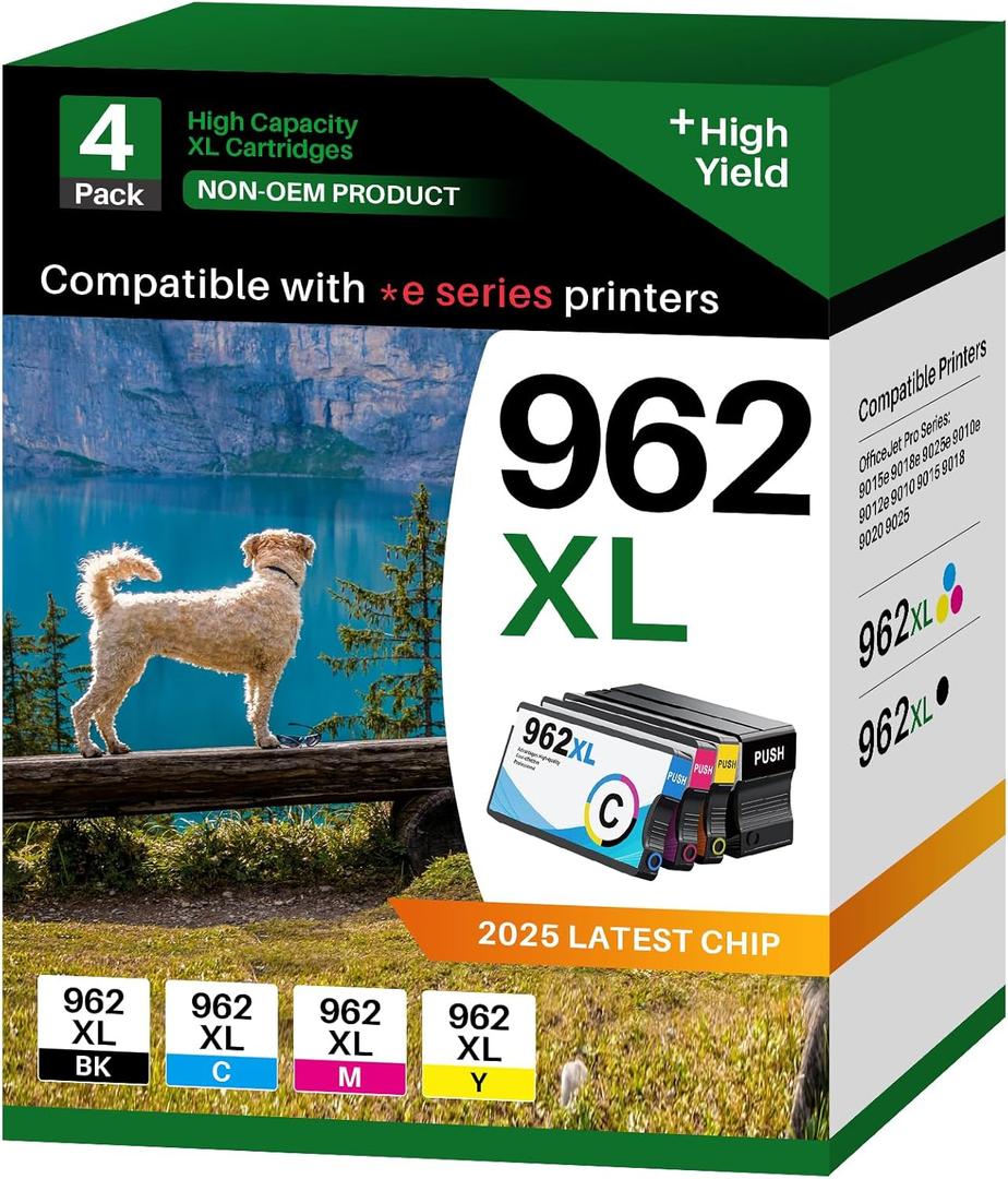 962XL 962 Remanufactured Ink Cartridges Replacement for OfficeJet Pro 9015e 9018e 9025e 9010 9015 9018 9020 9025 9012e 9012 Series (Black, Cyan, Magenta, Yellow, Combo Pack)