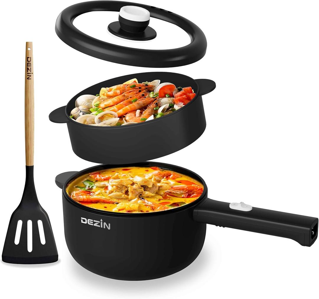 Dezin Electric Cooker, 2L Non-Stick Saut Pan, Rapid Noodles Cooker, Mini Pot for Steak, Egg, Fried Rice, Ramen, Oatmeal, Soup with Power Adjustment, College Dorm Room Essential(Egg Rack Included) (Round - E(Black/with Steamer)