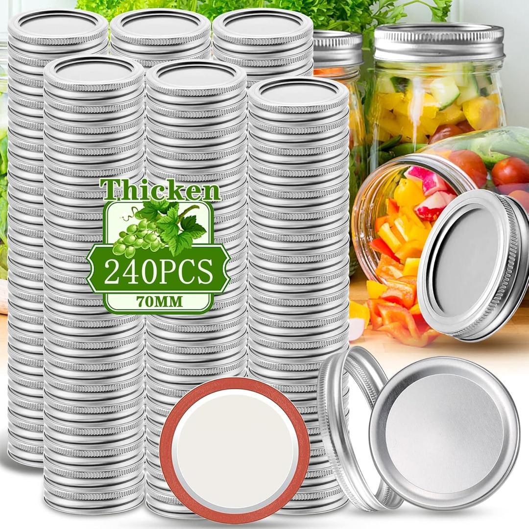 SLifeJars Canning Lids and Rings Regular Mouth,240 Pcs 70MM Mason Jar Lids and Rings Set for Regular Mouth Canning,Split-type Lid with Silicone Seals Ring Leak Proof and Secure for Regular Mason Jar