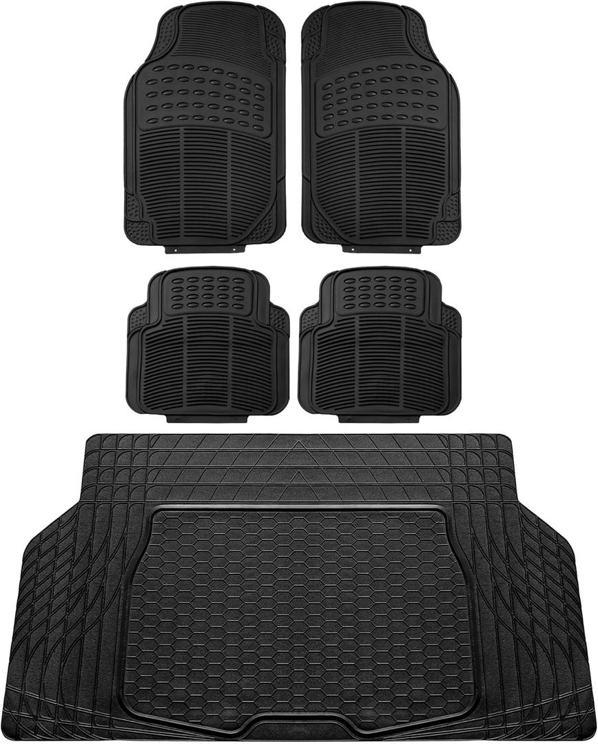FH Group Automotive Floor Mats - Heavy-Duty Rubber, All Weather Protection Universal Fit Full Set Floor Mats and Cargo Mat, Climaproof, Semi Custom Trimmable for Most Cars, Sedan, SUV, Truck, Black