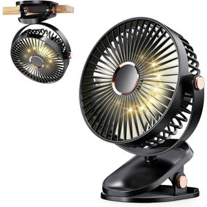 iNeibo 4000mAh Portable Clip on Fan with LED Lights, Battery Operated USB Desk Fan,4 Speed Quiet Rechargeable Mini Table Fan, 360 Rotate Personal Cooling Fan for Home Office Stroller Camping (Black)
