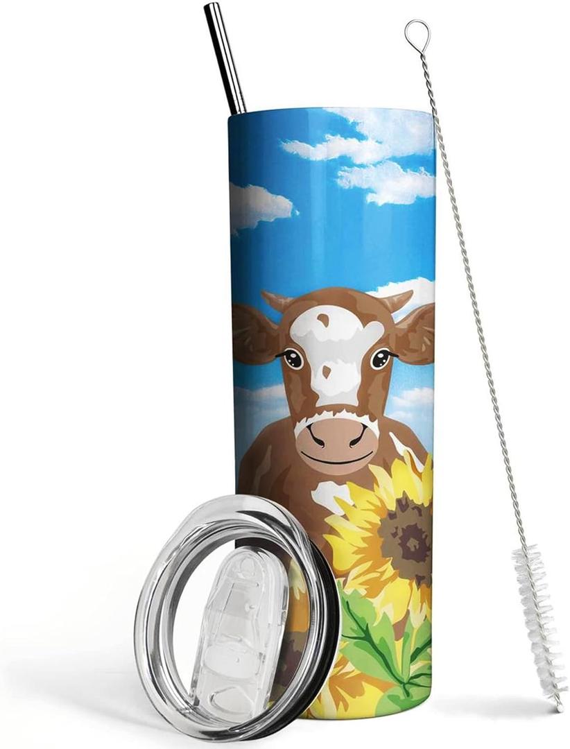 Sunflower Cow Tumbler-Cow Gifts for Women -Insulated Cute Cow Cup, Skinny Tumbler, Coffee Travel Mug, Water Bottle- Birthday Sunflower Gifts for Women Mom- Cow Print Stuff, Decor(20 Oz)