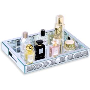 Crush Diamond Mirror Perfume Tray, Silver Glass Mirror Trays for Vanity, Table Trays Decorative, Moon Phase Pattern Vanity Trays for Bedroom Dresser Bathroom(15x11x2)
