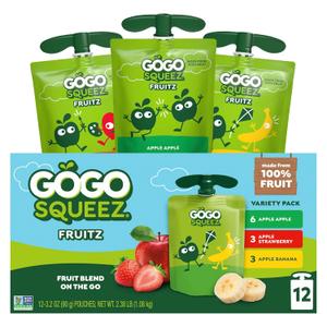 GoGo squeeZ Applesauce and Fruit Puree Variety Pack, Apple, Banana & Strawberry, 3.2 oz (Pack of 12), Unsweetened Fruit Snacks for Kids, Gluten Free, Nut Free and Dairy Free, BPA Free Pouches BB 8/4/25