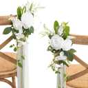 Ling's moment 2 Wedding Artificial Aisle Pew Flowers Chair Decorations Arrangements with Chiffon Ribbons White & Olive for Ceremony Reception Chair Back Floral Decor Reception Church Party Outdoor