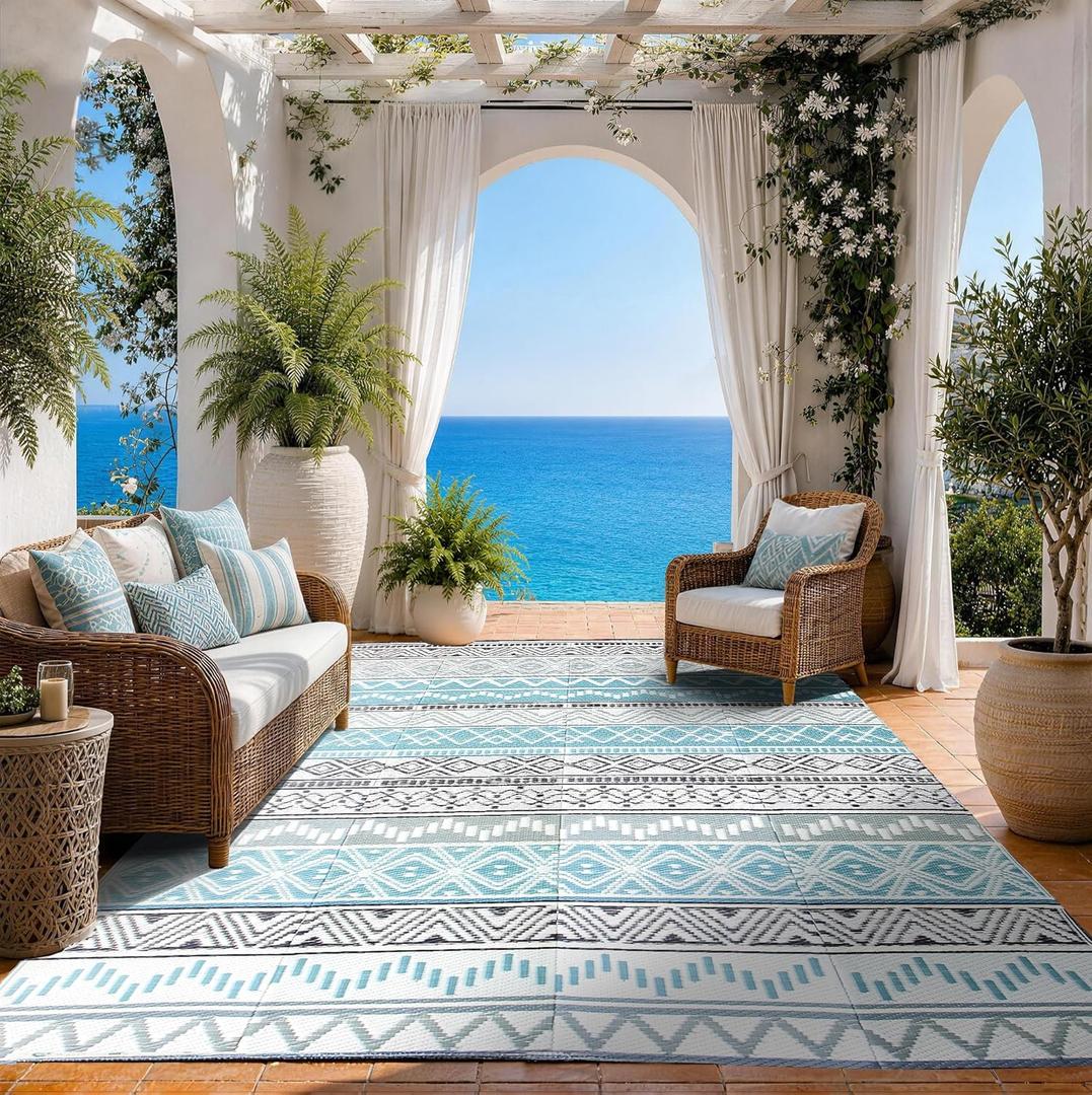 Outdoor Rug 8 x 10 ft, Reversible Plastic Straw Rug for Patio, Waterproof Large Outdoor Carpet for RV, Patio, Camping, Backyard, Deck, Picnic, Beach, Blue & Grey