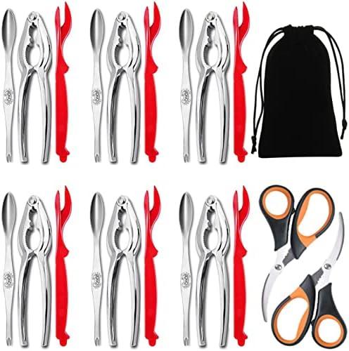 Artcome 15 Piece Seafood Tools Set - 6 Crab Crackers, 1 Lobster Shellers, 6 Wide Crab Forks, 2 Seafood Scissors and 1 Storage Bag Red Chrome