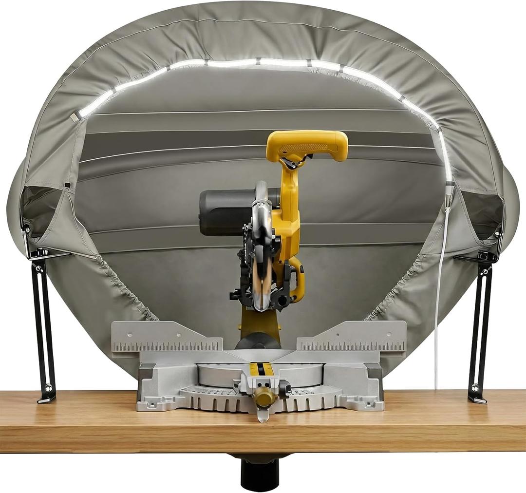 Miter Saw Dust Collection Hood with LED Light,Effective Table Saw Dust Collector with Storage Bag,Collecte Saw Dust for 10" & 12" Miter Saw,Ideal for Garage & Workshop Use,Grey Oxford Fabric