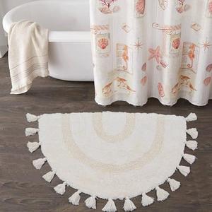 Schweek Boho Bathroom Rug Half Circle Cotton Bath Mat with Tassels Hand-Woven Bohemian Rugs with Rug Non Slip Pad Washable Bath Rugs for Bathroom, Shower, Tub 20"x32", Half-Circle Cream
