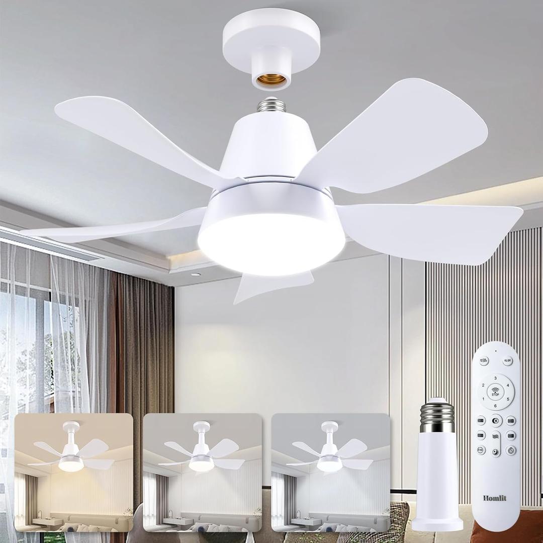 Socket Fan with Light and Remote, Socket Fan Light 3000K-6500K 3 Colors Dimmable, 5 Blades with Socket Extender,Portable Small Ceiling Fans for Bedroom, Garage, Kitchen, Living Room