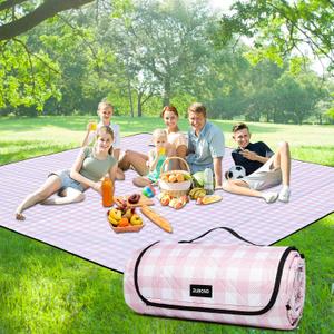 Picnic Blankets Outdoor Blanket Waterproof, 80''x80'' Extra Large Beach Blanket Sandproof Foldable Machine Washable, Vintage Gingham Picnic Mat Grass Lawn Park Family Camping Party Music Festival (Pink White)