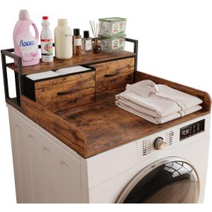 Unionly 2-Tier Washer Dryer Countertop single with shelf and fabirc drawer,laundry topper with Edge and Non-Slip Pad for Washer Dryer Laundry Hamper Counter Storage Organization (rustic brown, single), Twin