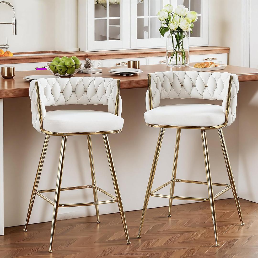 VECELO Bar Stools Set of 2, Counter Height Bar Stools, 26 inch Seat Barstools with Woven Back and Footrest for Kitchen Island Counter, White