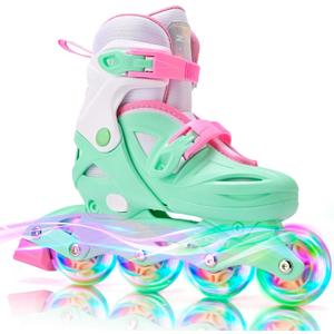 2PM SPORTS Inline Skates with Light Up Wheels, Roller Skates Blades for Boys Girls Kids Ages 5-8 8-12 4-6 6-12, Size Adjustable Beginner Blades Roller Skates (Large - Youth (4Y-7Y US), Green)