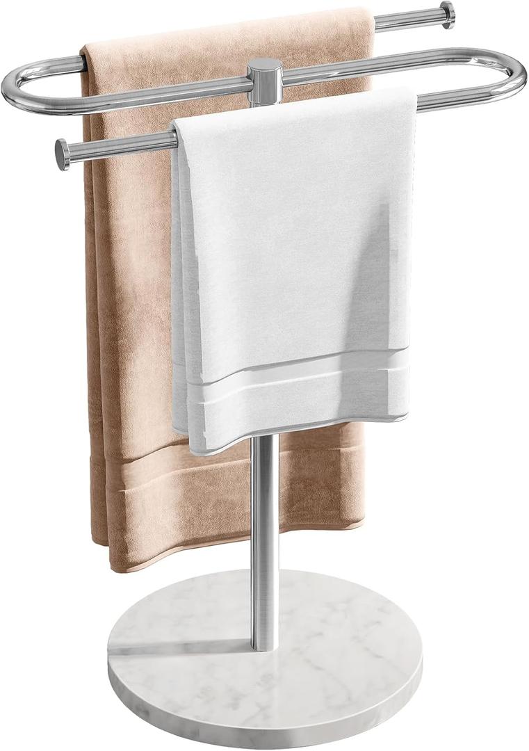 STWWO Countertop Towel Stand Free Standing with Marble Base, S-Shape Hand Towel Stand for Bathroom Stainless Steel Rust-proof, Hand Towel Holder Standing for Kitchen Vanity Countertop (Brushed Nickel)