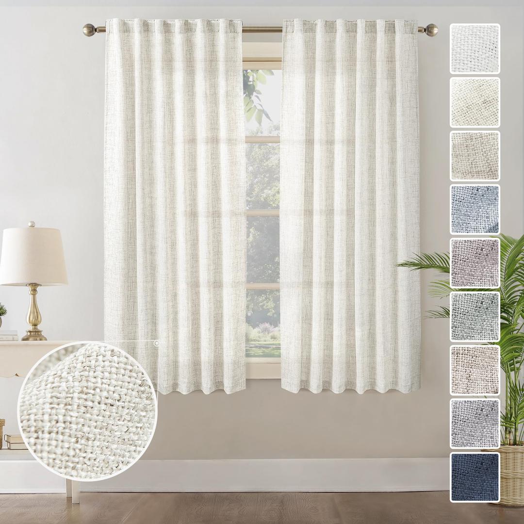 MEETBILY Natural Cream Linen Curtains 84 Inches Long for Living Room 2 Panels Set Linen Textured Back Tab Pocket Thin Semi Sheer Off White Neutral Boho Curtain Drapes for Bedroom, 7 FT