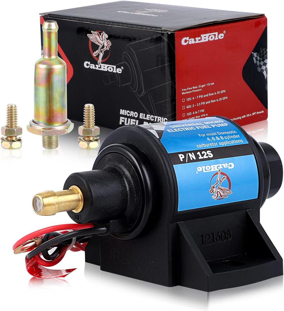 CarBole Micro Electric Gasoline Fuel Pump Universal 5/16 inch Inlet and Outlet 12V 1-2A 35GPH 4-7 P.S.I.