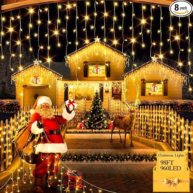 LED Christmas Lights, Waterproof 8 Modes Ice Lights for Outside with Memory and Timer Hanging Fairy Lights Plug-in Curtain String Lights for Holiday Party Wedding Home (Warm White)
