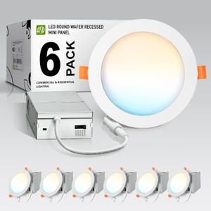 ASD 6P LED Recessed Lighting 6 Inch, 5 CCT 2700K-5000K CRI90+, 12W 100W Eqv, IC Rated Ultra Thin Dimmable Ceiling Lights, Canless Wafer Downlight, Round Slim Panel Light, Energy Star ETL T24 JA8 White