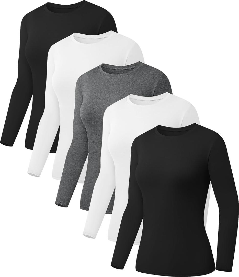 Kinglaman 5 Pack Womens Basic Long Sleeve Shirts Crew Neck Slim-Fit Fitted T Shirts Tops Undershirts Underscrub Baselayer M