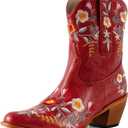 CRYSIGNE Women's Flower Embroidered Ankle Cowgirl Boots Floral Snip Square Toe Western Cowboy Boots Chunky Heel Pull On Short Boots (10, Red)