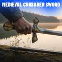 SZCO Knights Templar Sword Replica 33" Medieval Crusader Sword with Scabbard Stainless Steel Blade, Pewter & Gold Handle Decorative Collectible for Display, Cosplay, LARP