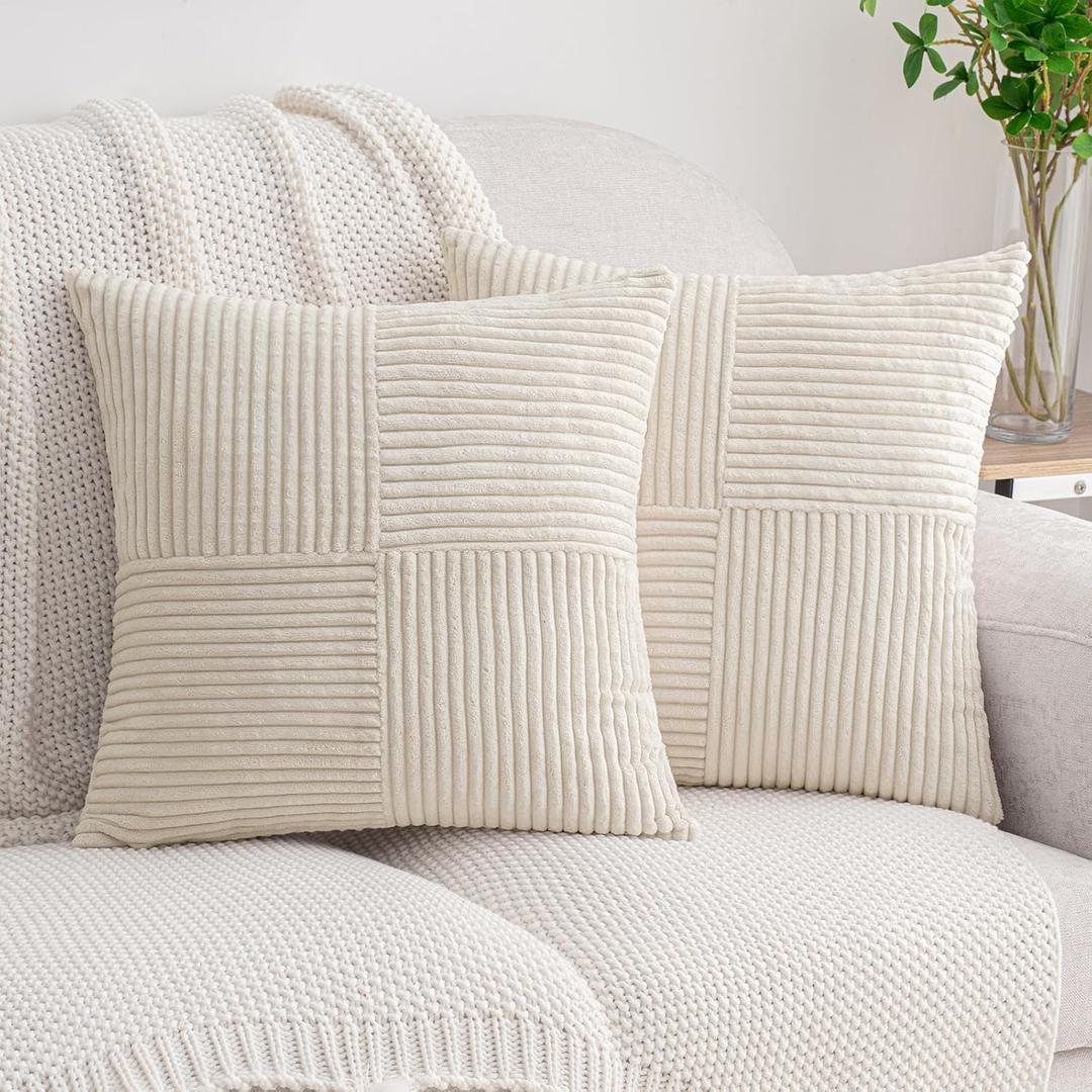 HWY 50 Cream White Corduroy Patchwork Throw Pillow Covers 18x18 Inch, Set of 2, Soft Cozy Textured Decorative Cushion Cases for Couch Sofa Bed Living Room, Boho Striped Home Decor
