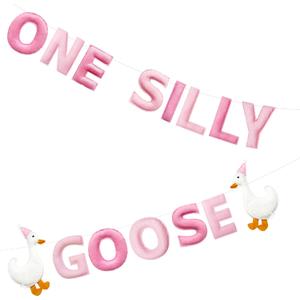 One Silly Goose Birthday Decorations Gradient Pink Felt Handmade Pre-Strung 3d Goose 1st Birthday Banner for Baby Girl First Bday Party Decorations Fireplace Nursery Home Wall Decor