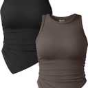 OQQ Women's 2 Piece Tank Tops Ruched Crew Neck Sleeveless Basic Stretch Tee Shirts (Black, Tea Leaf, S)