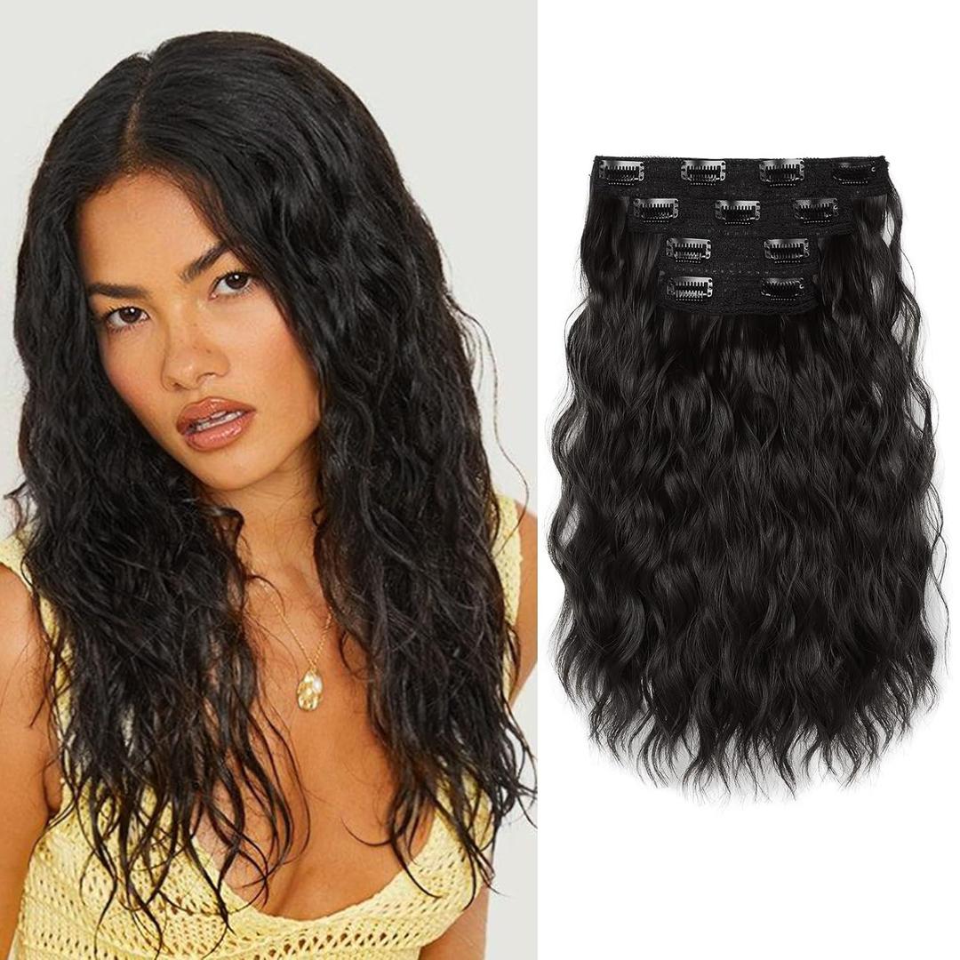 REECHO Clip in Hair Extensions, 4PCS Hair Extensions 14" Short Wavy Invisible Lace Weft Natural Soft Hairpieces for Women  Black Brown