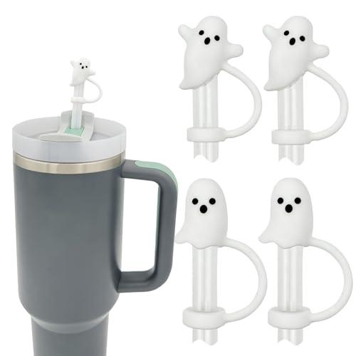 LUOLAO Cute Ghost Straw Covers Cap Compatible with Stanley Cup 30 40 oz, 4PCS Silicone Reusable Drinking Straw Topper, Funny Tumbler Accessories Halloween Decorations Gifts Boo Basket Items Essentials