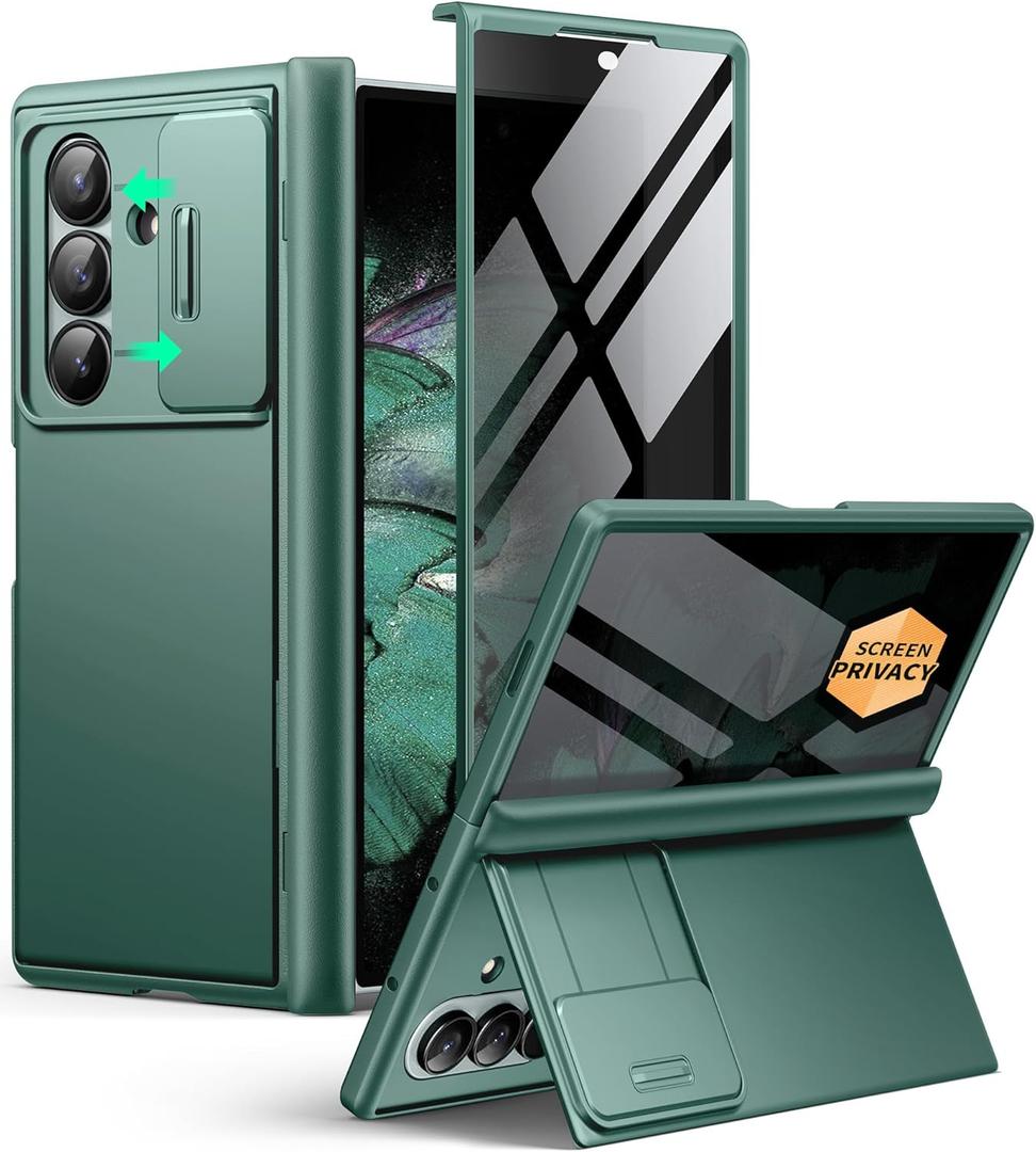 BERFY for Z Fold 7 Case with Privacy Screen Protector, [Anti Spy] Hidden Kickstand & Slide Camera Cover & Hinge Protective, Full Body Shockproof Phone Case for Samsung Galaxy Z Fold 7, Green