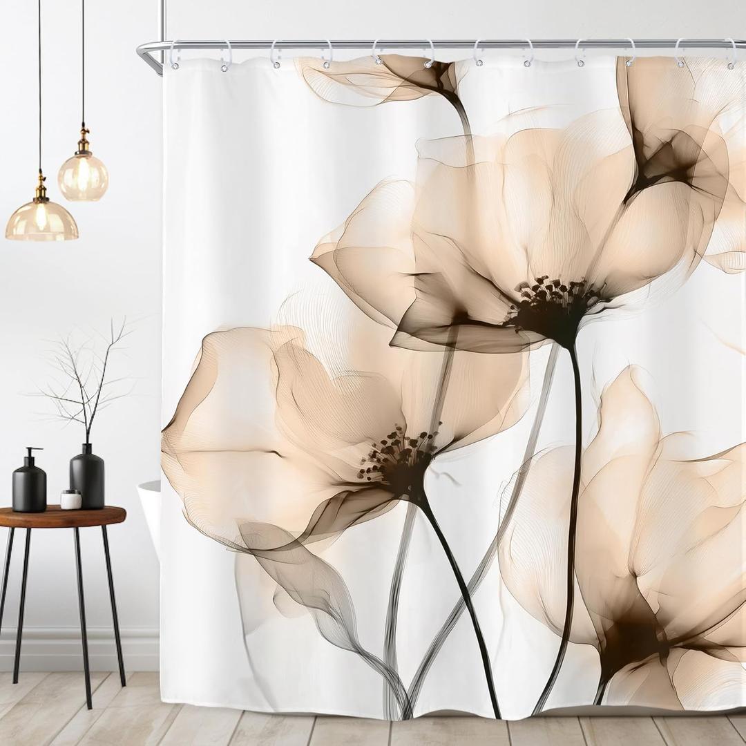 Riyidecor Yellow and Gray Floral Shower Curtain 72Wx72H Inch Spring Ink Painting Style Watercolor Flower Simple Rustic Minimalism Aesthetic Bathroom Decor Fabric Polyester Waterproof 12 Pack Hooks (06light Brown)