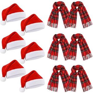 Coume 12 Pcs Christmas Santa Hat and Scarf Set for Adults, Winter Plaid Scarf Warm Xmas Hat with Pompom for Men Women Holiday Gifts (Red and Green)