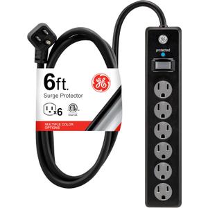 GE Surge Protector Power Strip, 6 Ft Extension Cord, 6 Outlet Extender, 800 Joules, Flat Plug, Twist-to-Close Safety Covers, ETL Listed, Black, 33661