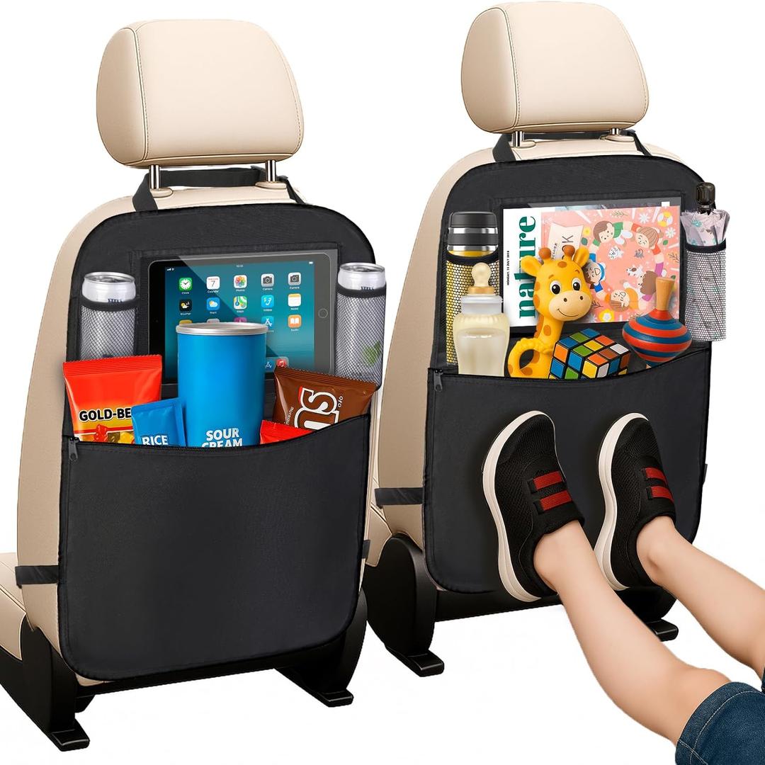 Backseat Car Organizer, 2 Pack Kick Mats Back of Seat Protectors bag with Touch Screen, Waterproof Seatback Covers for Kids, Multifunctional Universal Automotive Storage Pockets, Travel Accessories