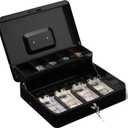 Amazon Basics Cash Box with Lock Key, Money Organizer Tray, 11.81" x 9.45" x 3.54", Black
