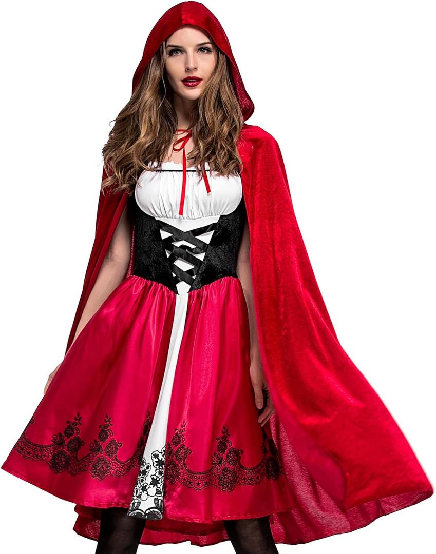 2 PCS Little Red Riding Hood Costume for Women, Dress with Cape Christmas Halloween Cosplay Parties Adult Role Playing (Small)
