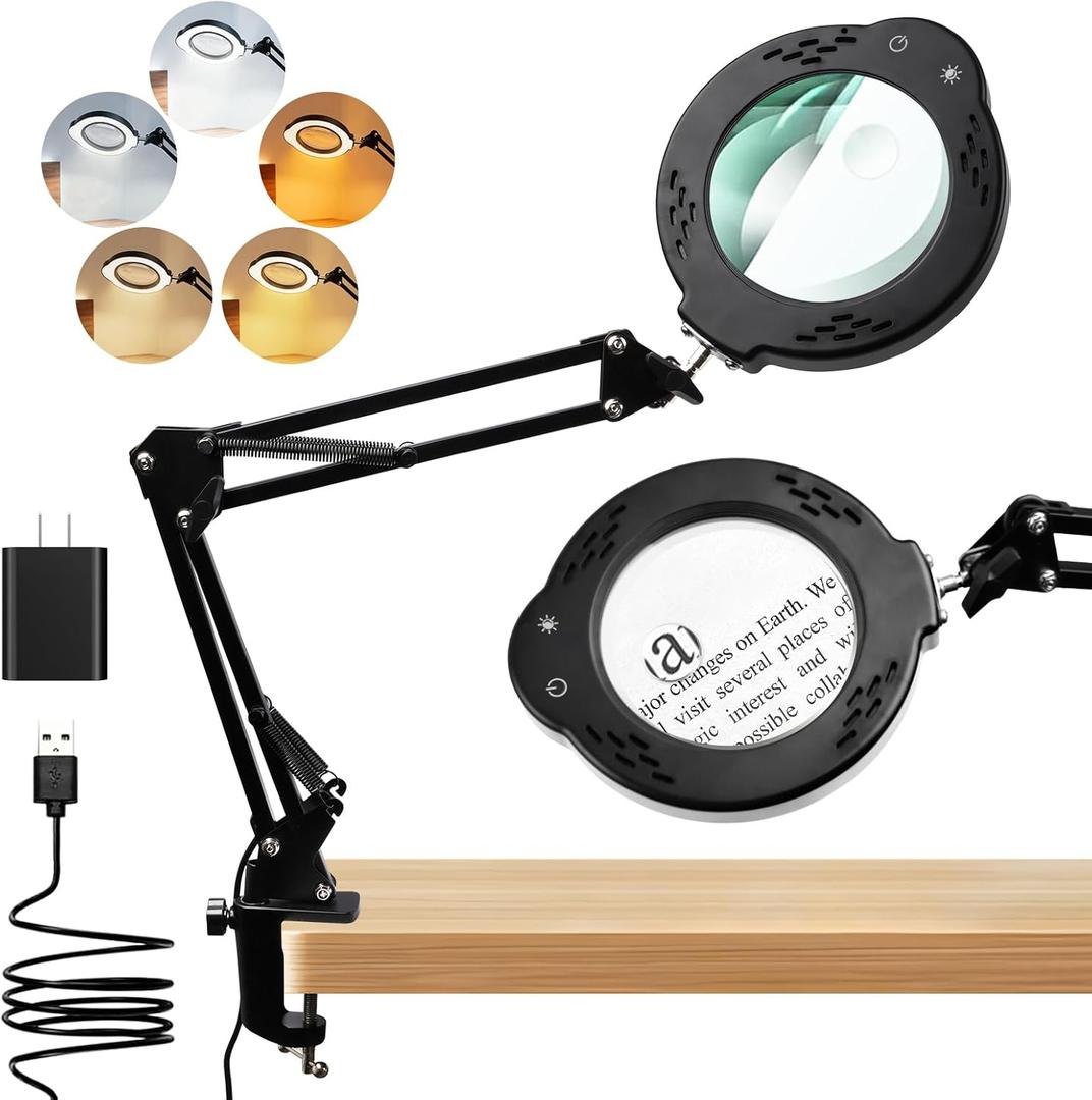 Magnifying Glass with Light and Stand, 10X 30X LED Desk Magnifier with Real Glass Lens, 5 Color Modes, 3 Brightness Levels, Hands-Free Magnifying Lamp for Reading, Crafts, Electronics and Jewelry