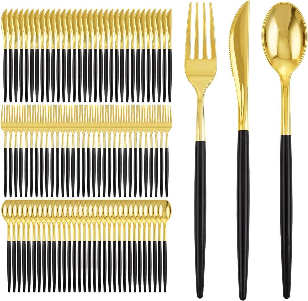 I00000 300Pcs Black Plastic Silverware, Happy New Year Gold Disposable Silverware, Black and Gold Plastic Utensils Include 100 Forks 100 Knives 100 Spoons,Disposable Cutlery for Wedding
