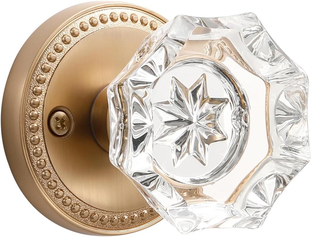 1 Pack Champagne Bronze Door Knobs Crystal Door Knob Passage Door Knobs Glass Interior Door Knob for Hall and Closet Zinc Alloy