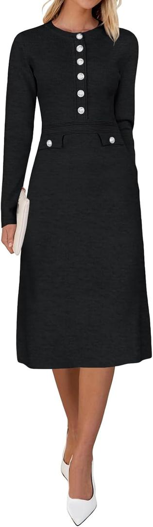 Saodimallsu Women's Fall Long Sleeve Sweater Dress Knit Bodycon Crew Neck Button Decor. Elegant Formal Midi Dresses (Black, L)